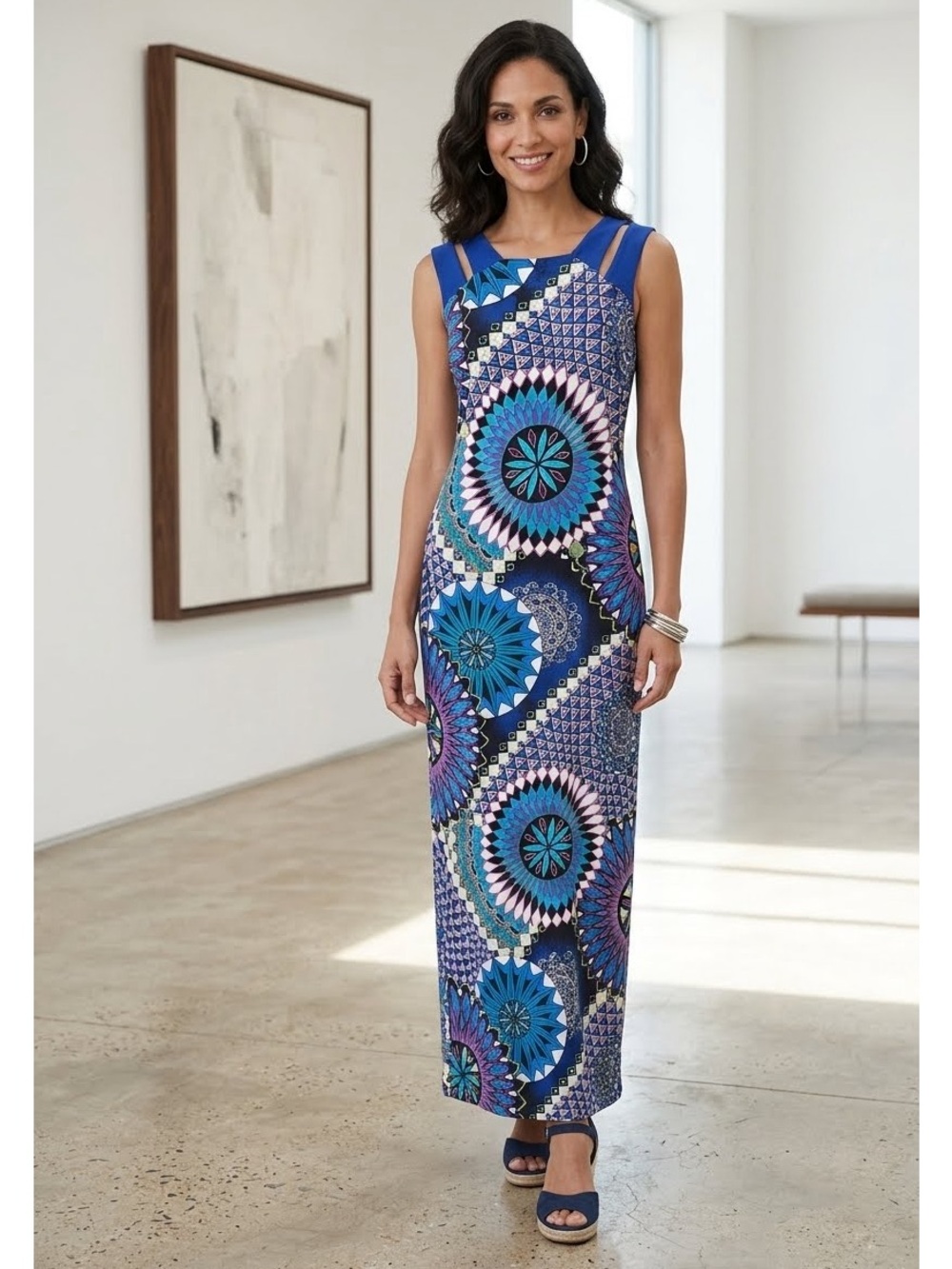 Frank Lyman Jersey Geometric Print Maxi Dress Size 12 Modern Boho Kaleidoscopic